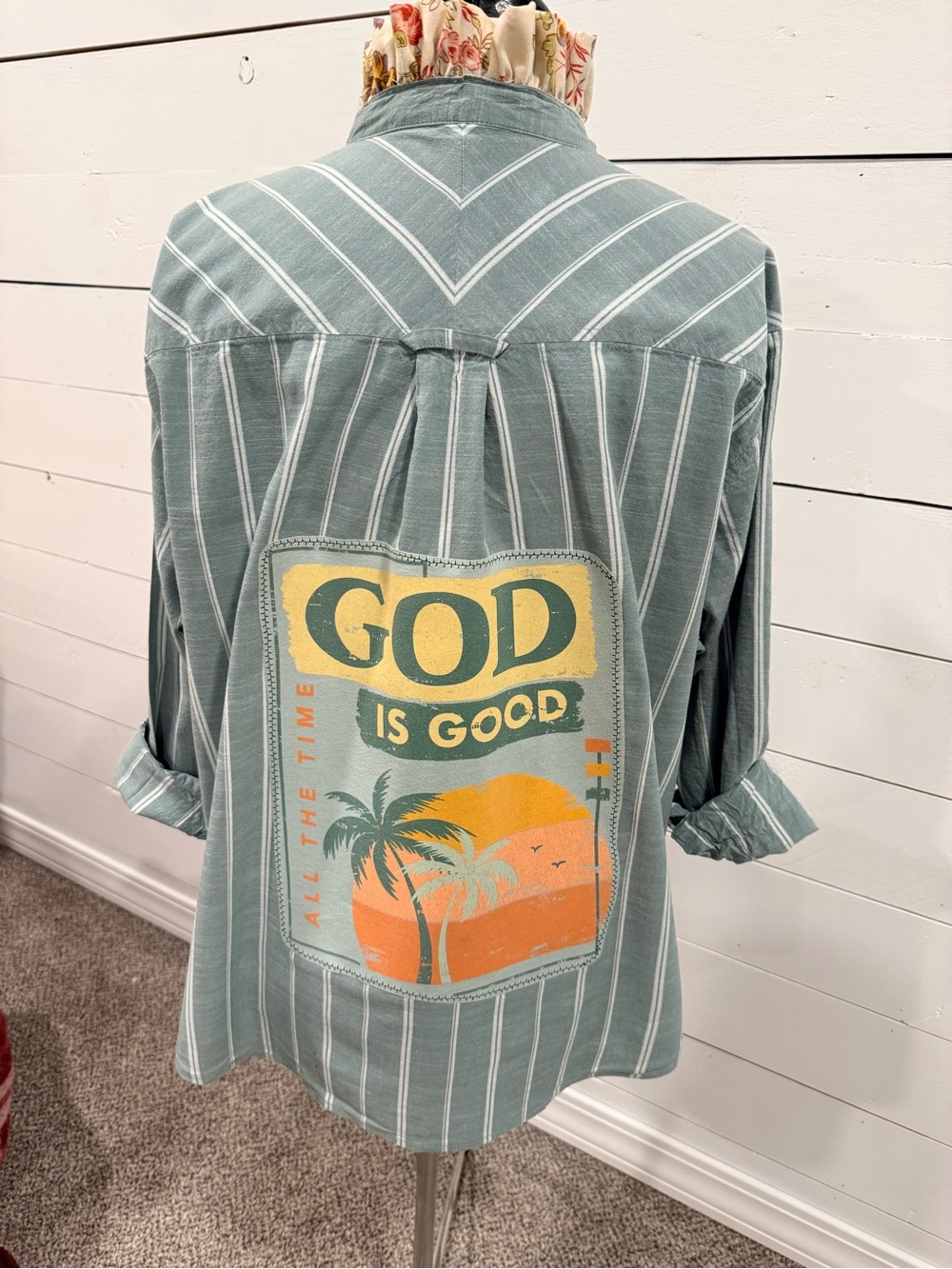 God Is Good Striped Button-Up Shirt with Graphic Back